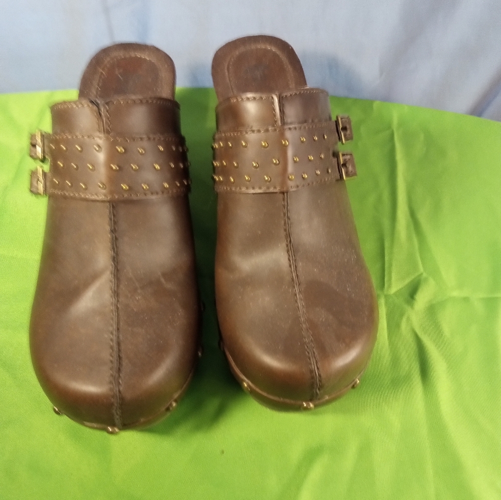 Route 66Brown Studded Slip On  Clog Mules With Stud Detailing